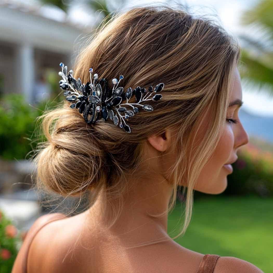 Side profile view of black opal wedding hair comb