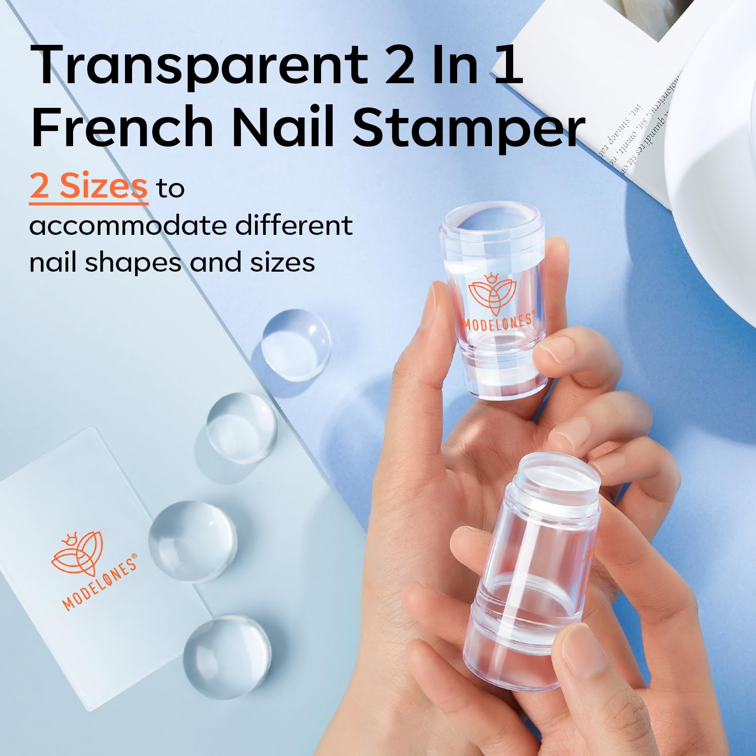 Close up of French tip nail printing tool components
