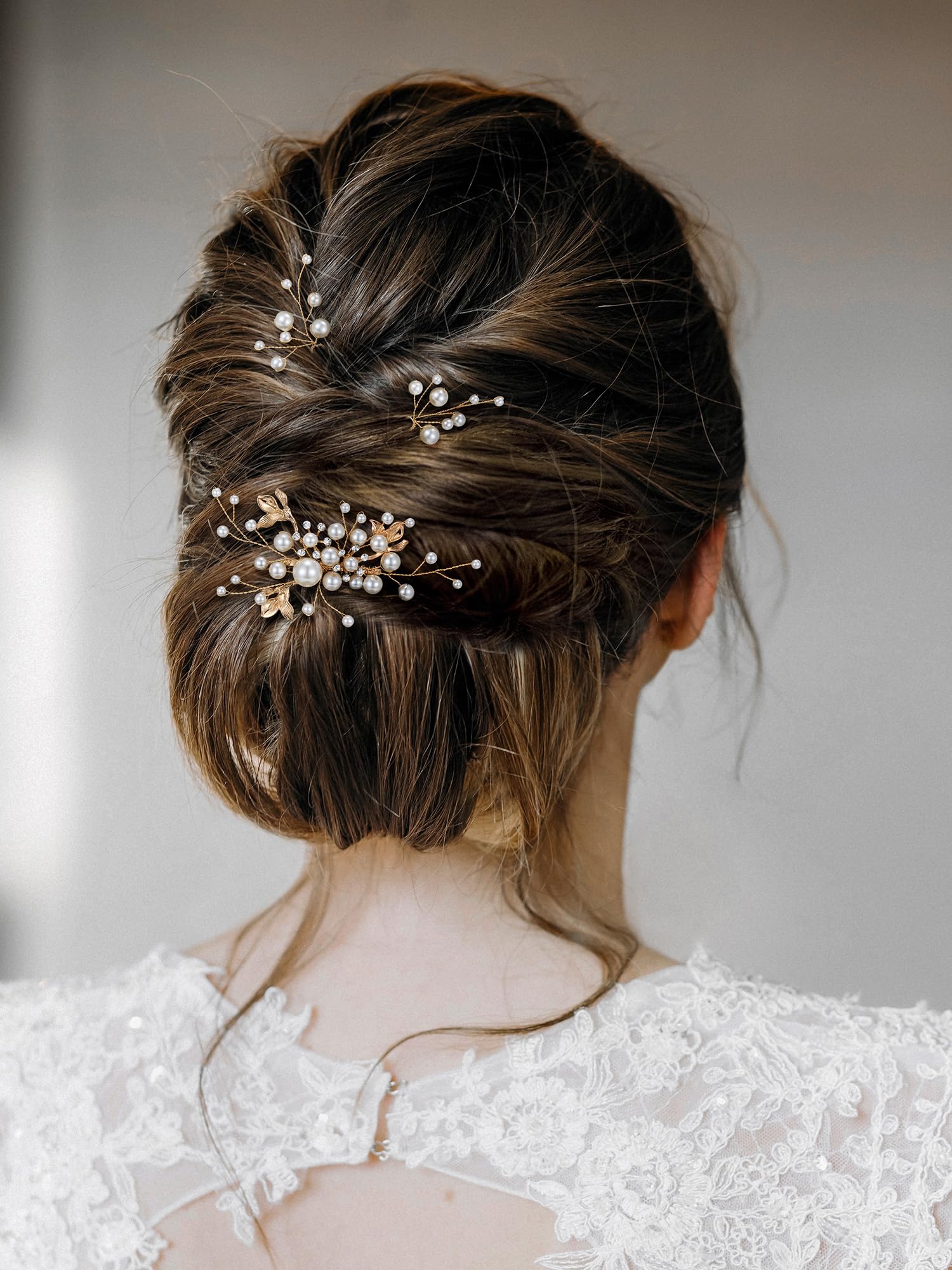 SWEETV bridal hair pins and gold leaf side comb set for bridesmaids