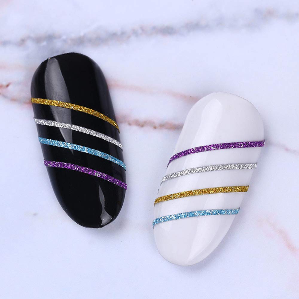 Close up of Ucrhjjc glitter and matte nail striping tapes