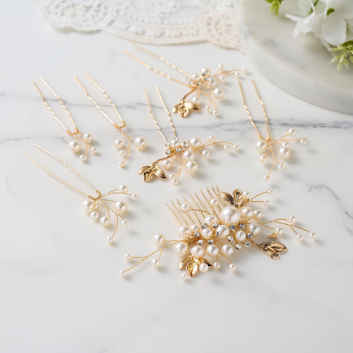 Premium SWEETV rhinestone floral wedding hair accessories laid flat
