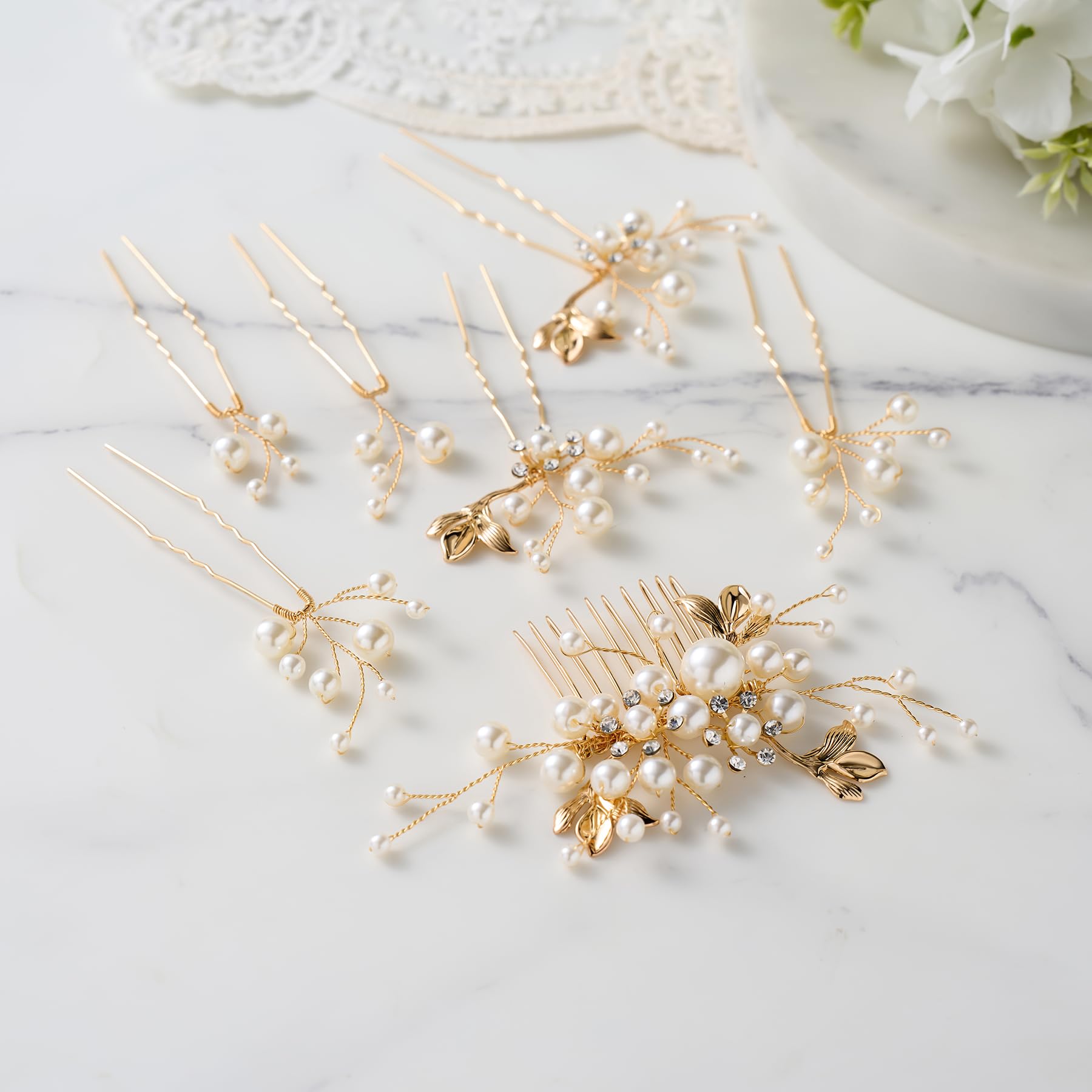 Premium SWEETV rhinestone floral wedding hair accessories laid flat