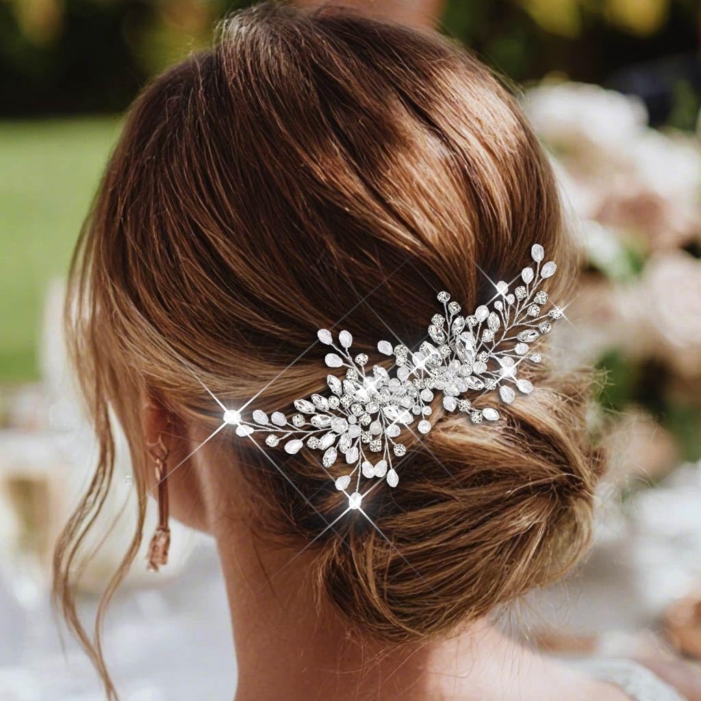 Close up of the intricate flexible rhinestone branches on the Catery bridal comb