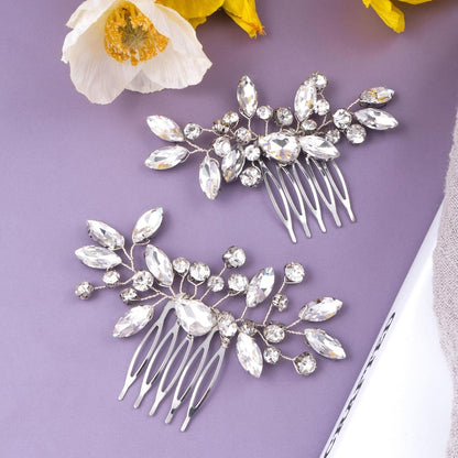 Close up of crystal flower side hair comb detailing premium metal teeth