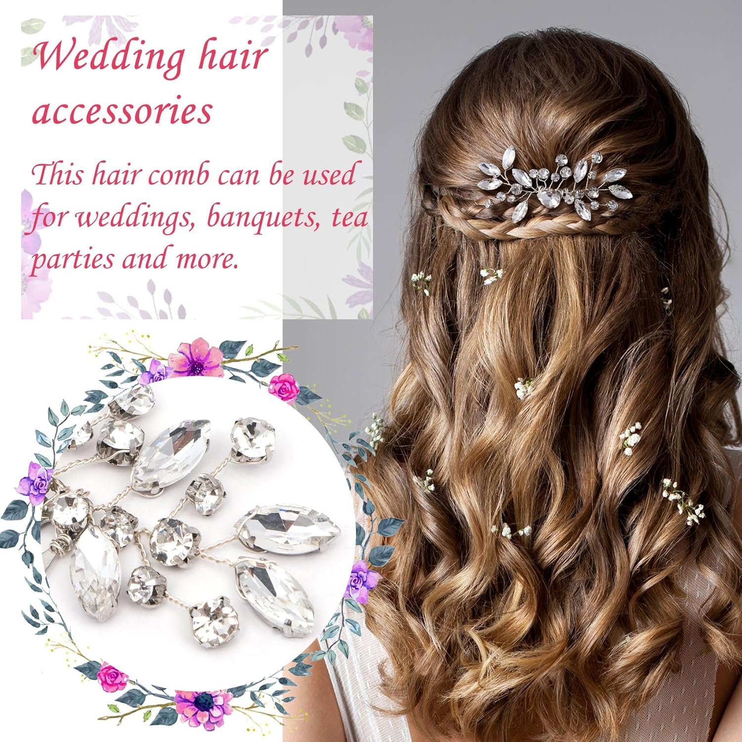 Lightweight generic rhinestone hair comb showing back structure and secure grip