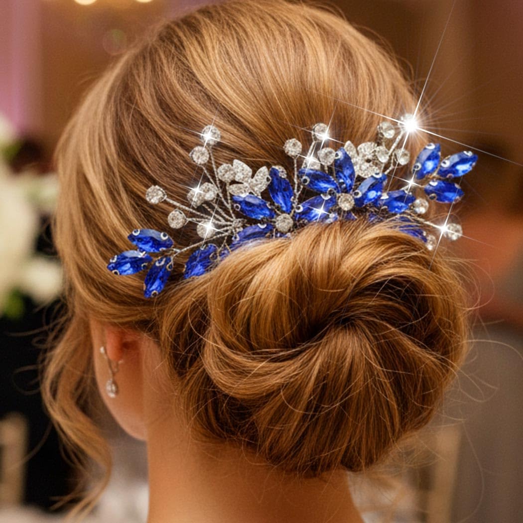 Chargances blue rhinestone bridal hair accessory showing the secure metal side comb base.