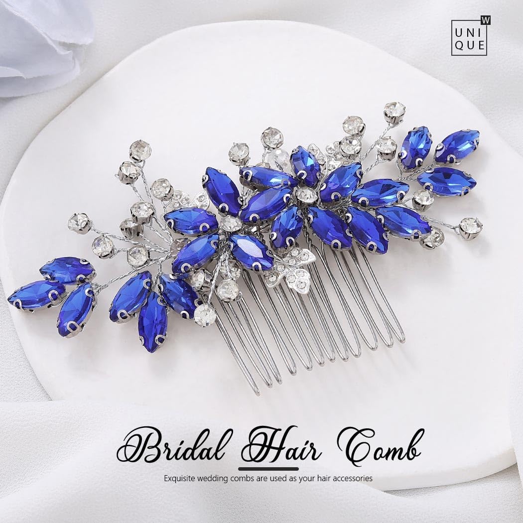 Sapphire colored crystal wedding hair piece for women detailed close up look.