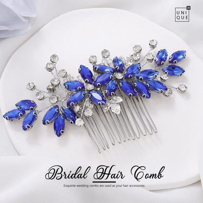 Sapphire colored crystal wedding hair piece for women detailed close up look.