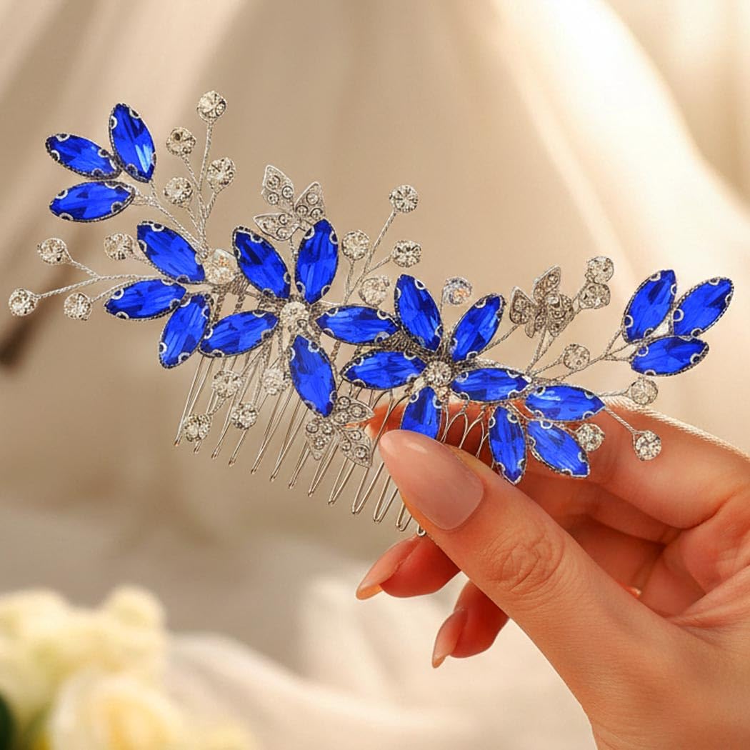 Chargances crystal bride hair comb displaying the intricate leaf pattern setting.
