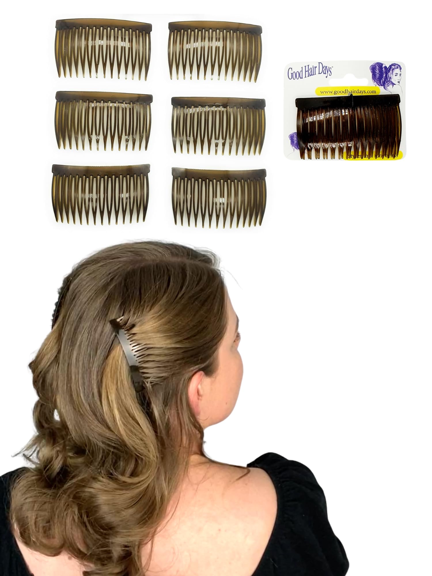 Good Hair Days tortoise shell side hair combs showing the close up of split teeth design.