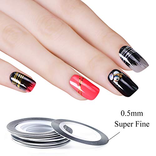 Close up of metallic nail art striping tape applied to manicured nails