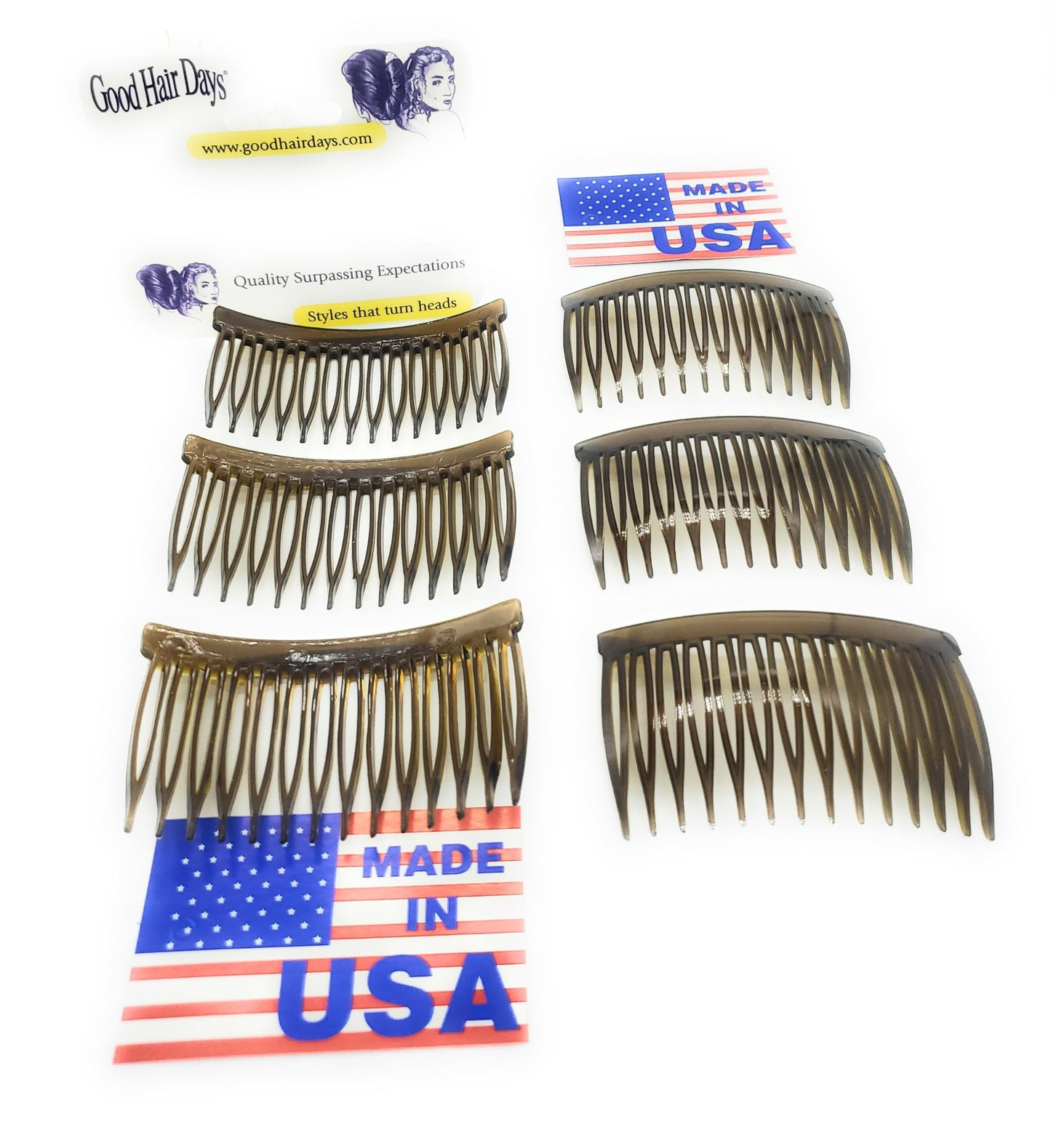 Good Hair Days flexible spring design side hair combs back view detailing the contour.