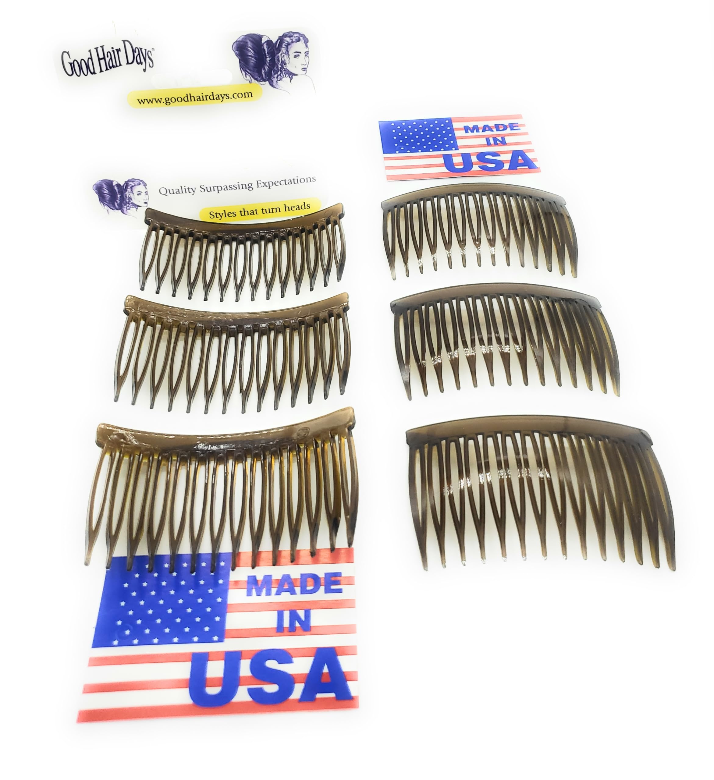 Good Hair Days flexible spring design side hair combs back view detailing the contour.