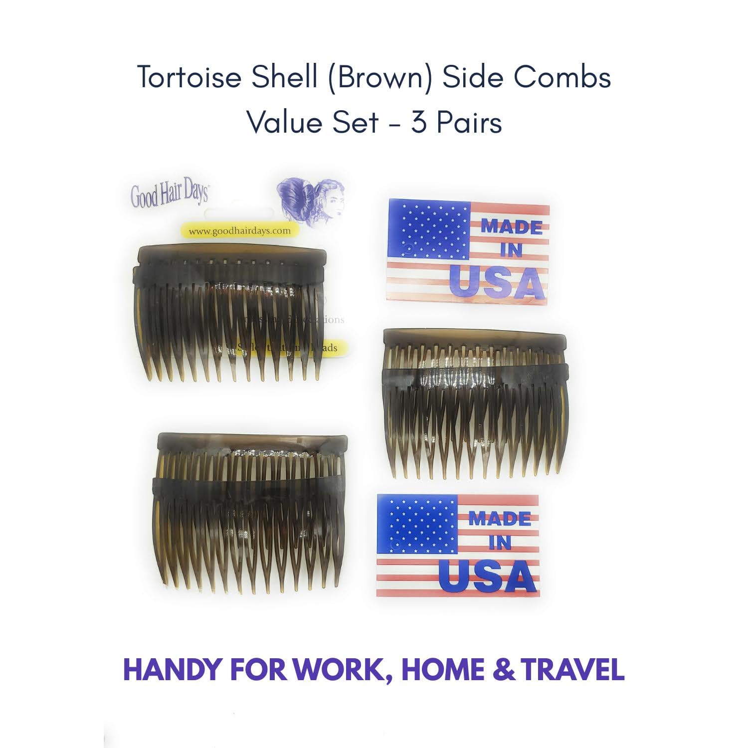 Good Hair Days USA imported tortoise shell hair accessories for women styling daily updos.