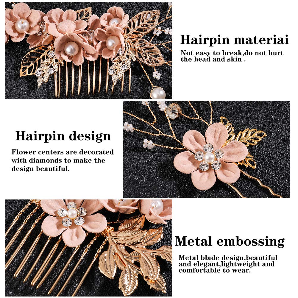 Bowinr pink flower hair side comb clips arranged on a clean white background.