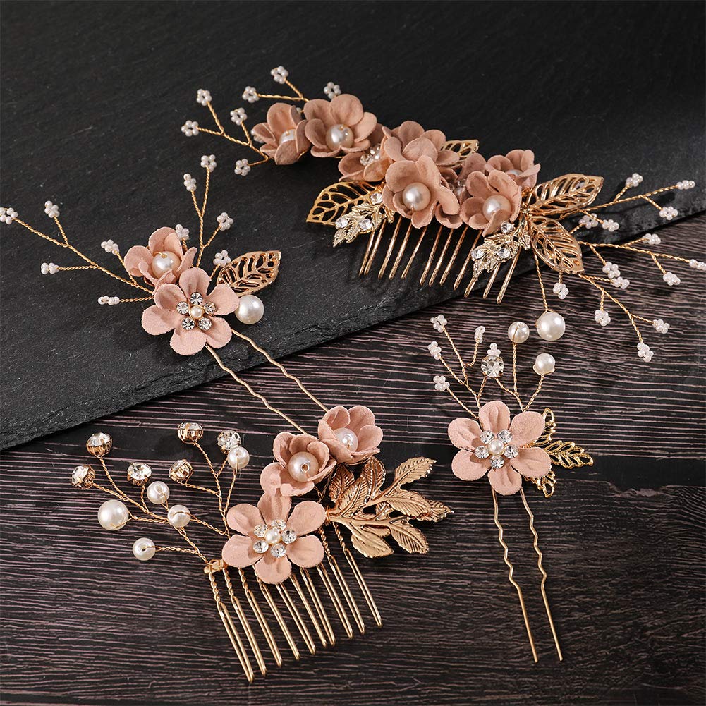 Complete 4 piece collection of Bowinr rose gold wedding hair jewelry for women.
