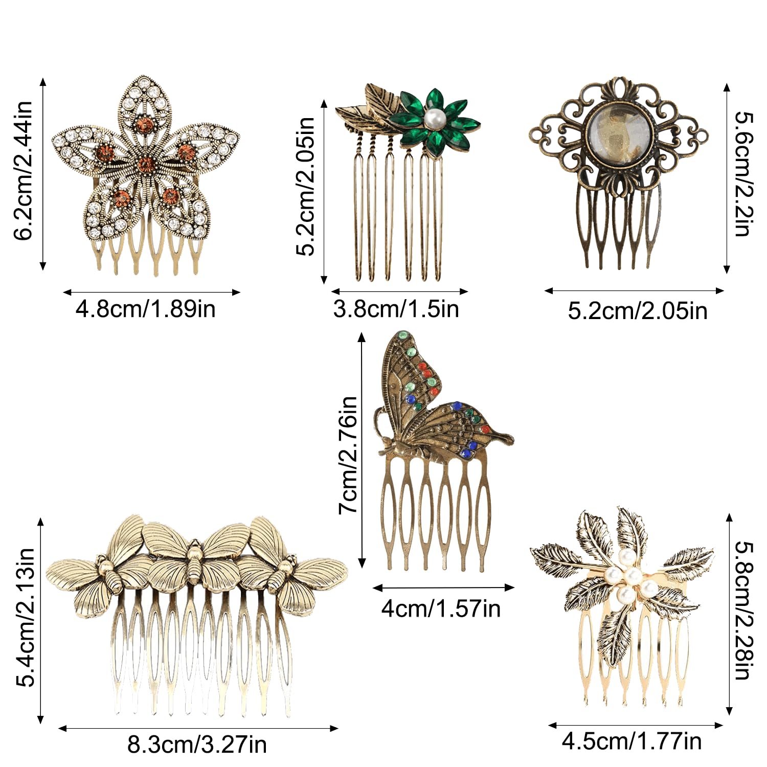 Close up of the intricate gemstone and leaf details on the retro gold decorative metal hair clips.