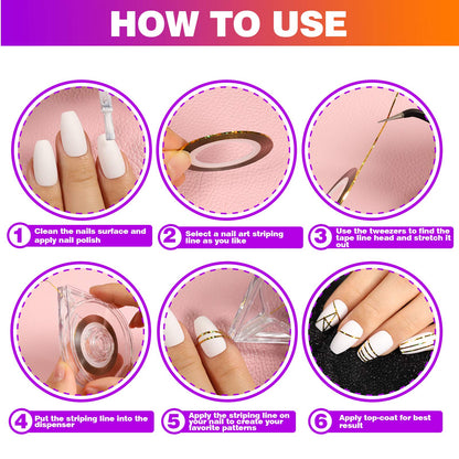 Professional nail art designs created with Fandamei tapes