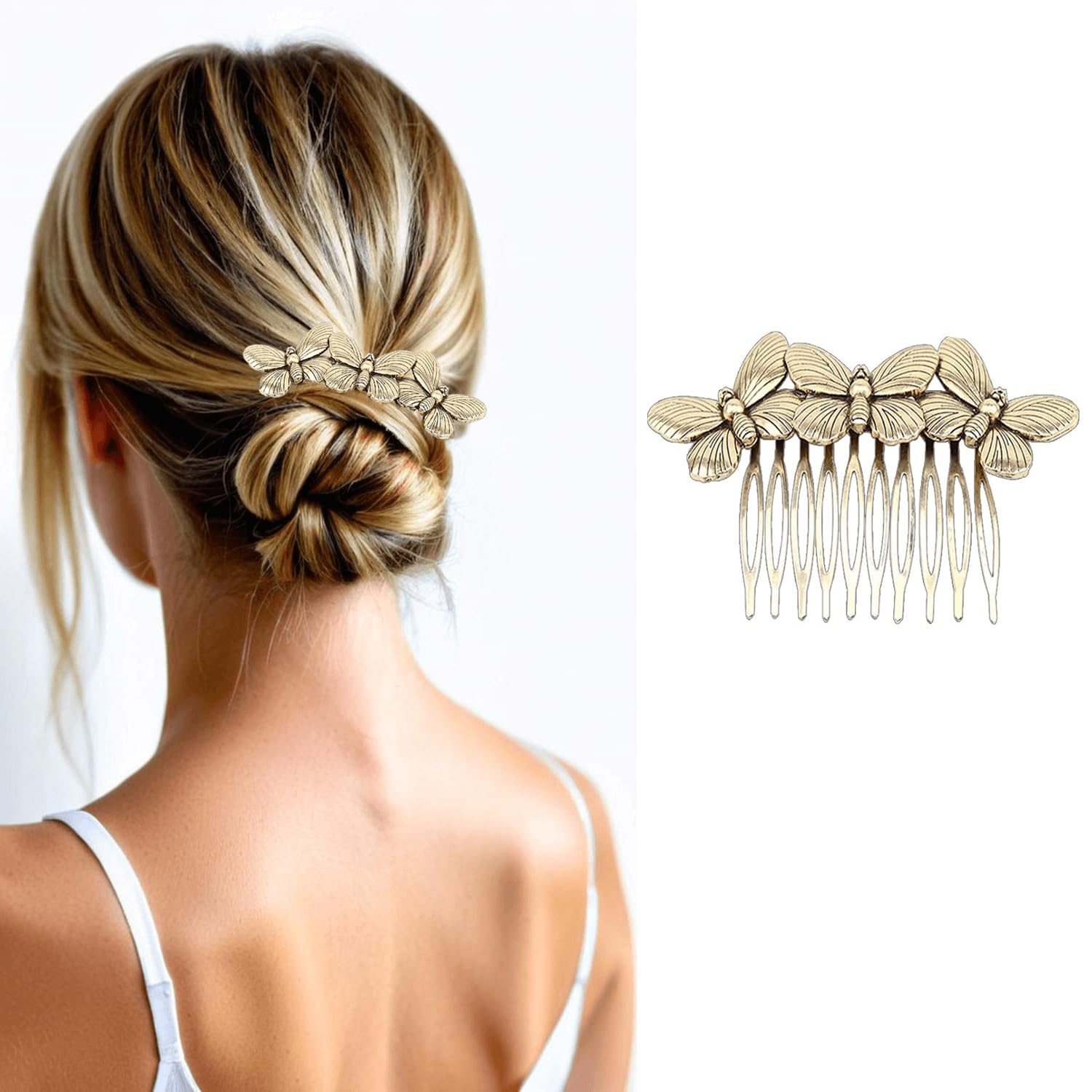 Adjustable ten teeth metal grip mechanism on the back of the butterfly hair comb accessory.