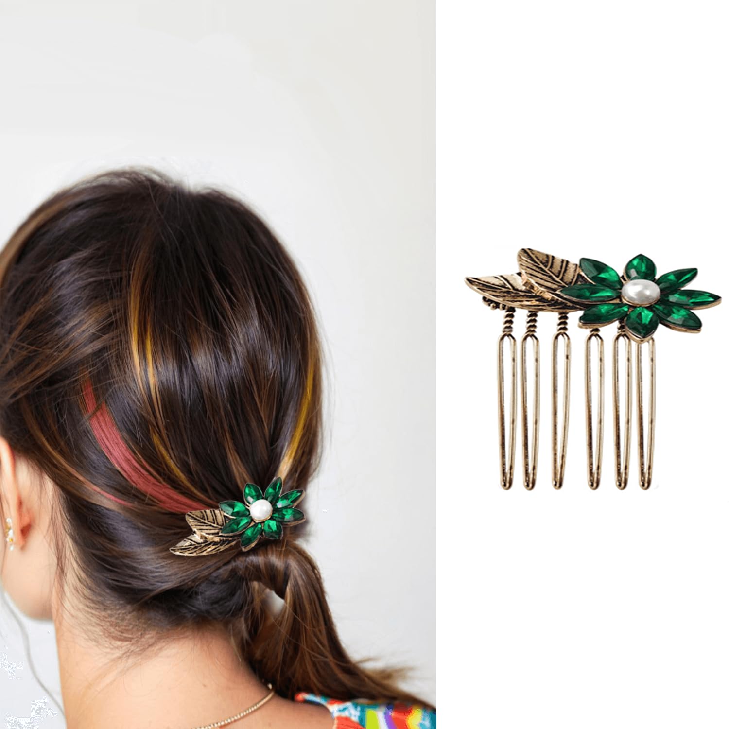 Different sizes of the flower and pearl embellished side combs arranged to show dimensions.