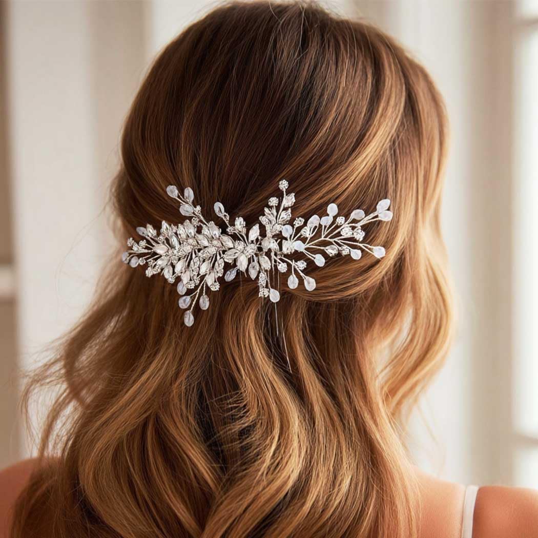 Close up view of the handmade silver alloy wire and brilliant crystal embellishments.