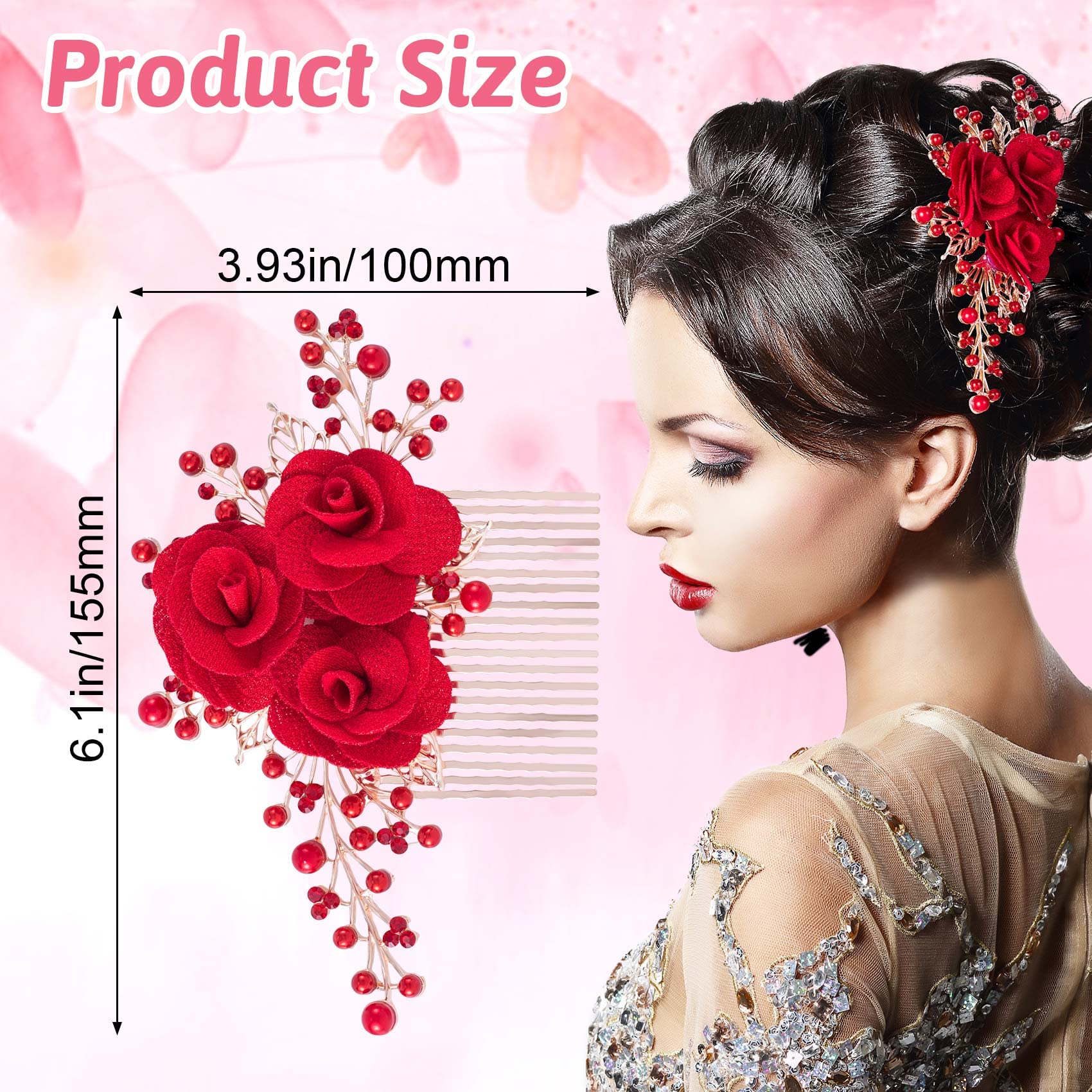 Handcrafted red floral hair clip with pearl and crystal embellishments.