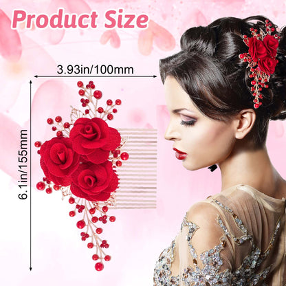 Handcrafted red floral hair clip with pearl and crystal embellishments.