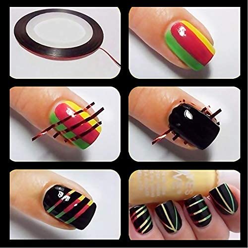 Completed nail art look sealed with top coat over metallic lines