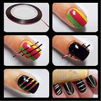 Completed nail art look sealed with top coat over metallic lines