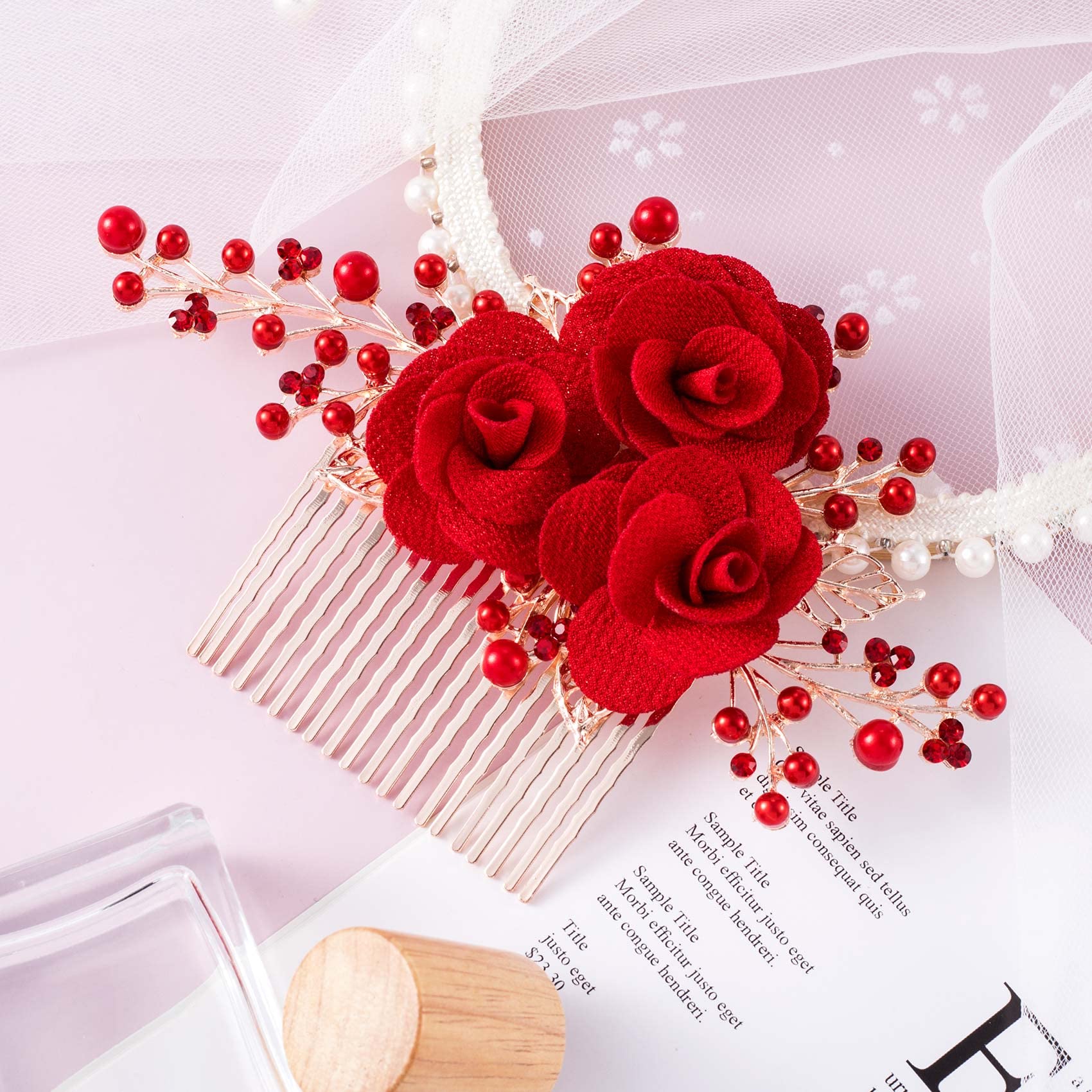 Bridal rose headpiece accessory displaying the gold-tone alloy comb backing.