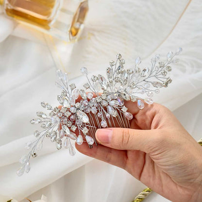 Side view of the Unicra rhinestone bridal headpiece showing its flexible structure.