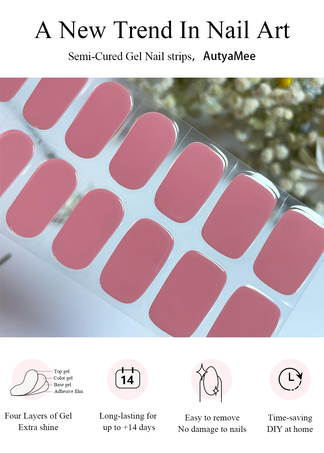 Curing the dusty rose gel nail strips under a portable UV LED lamp