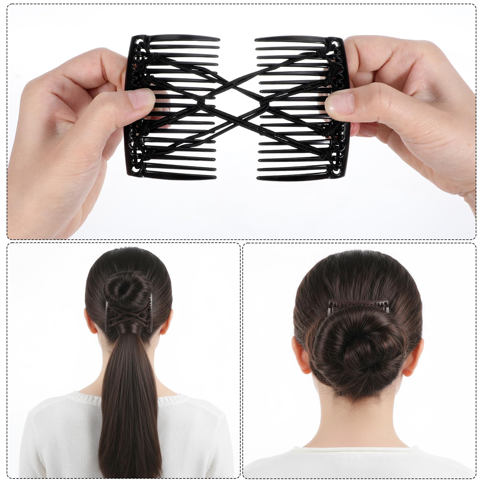 Close up view of the durable elastic band connection on the BOYIVI double side magic hair comb