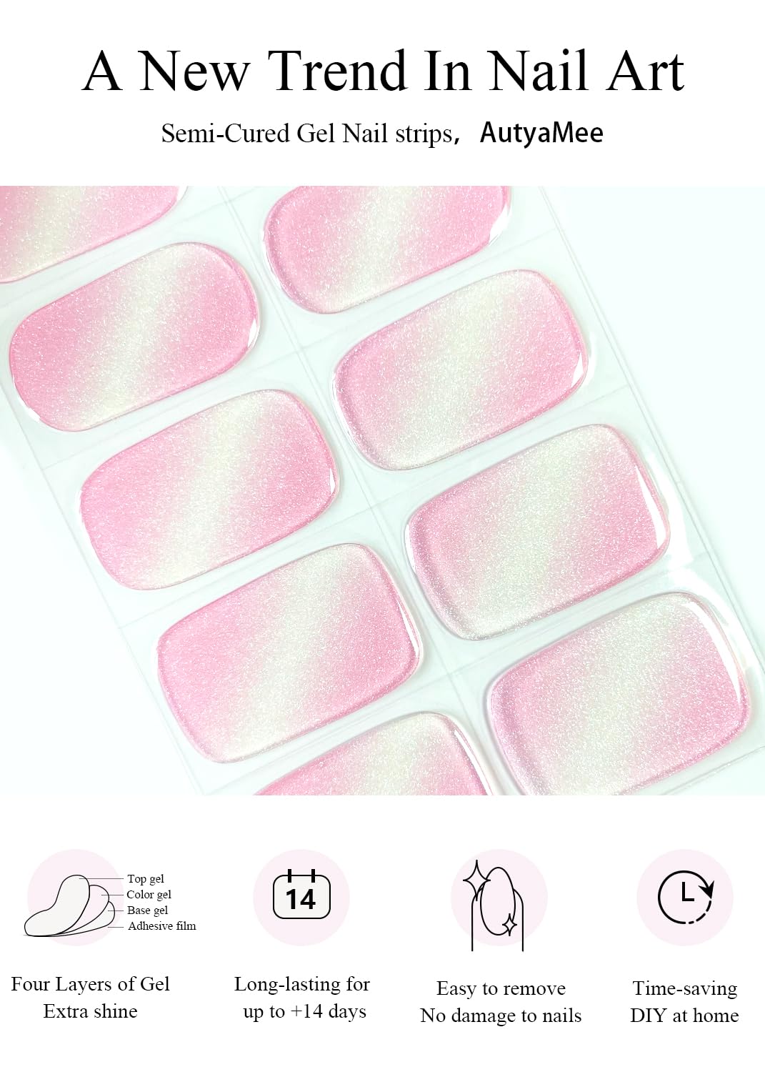 Demonstration of a glossy pink ombre gel nail strip being applied onto a natural nail