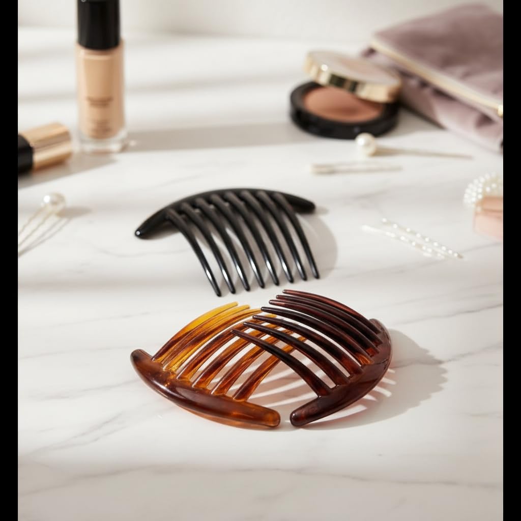 Tatuo 7 tooth side combs being used to secure a neat elegant hair bun updo