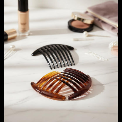 Tatuo 7 tooth side combs being used to secure a neat elegant hair bun updo