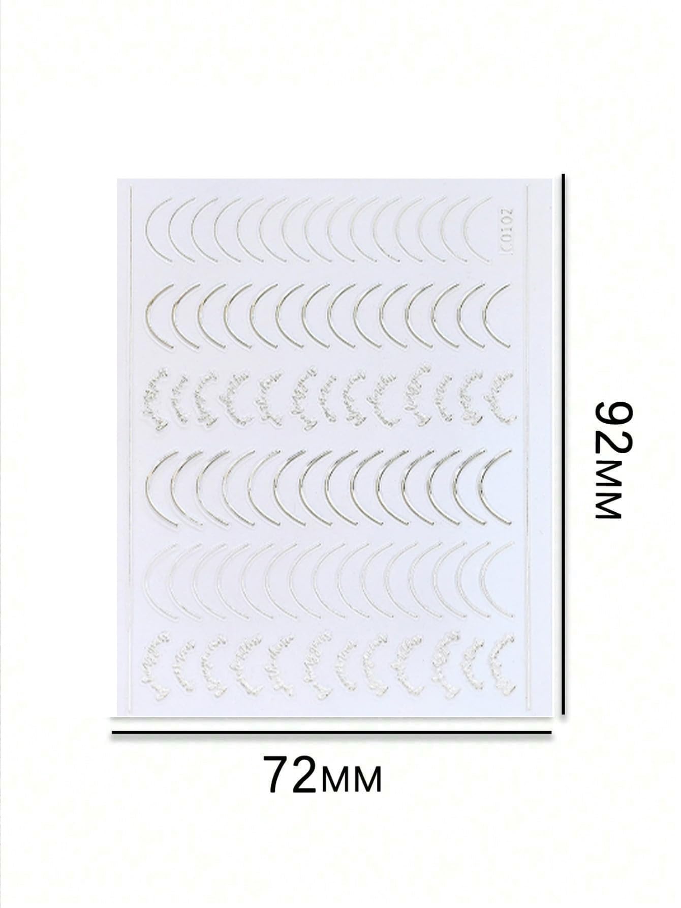 Close up view of 3D self adhesive metal curve stripe decals applied on a professional home manicure.