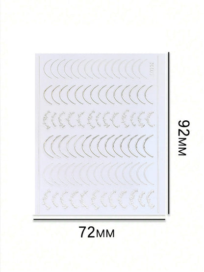 Close up view of 3D self adhesive metal curve stripe decals applied on a professional home manicure.