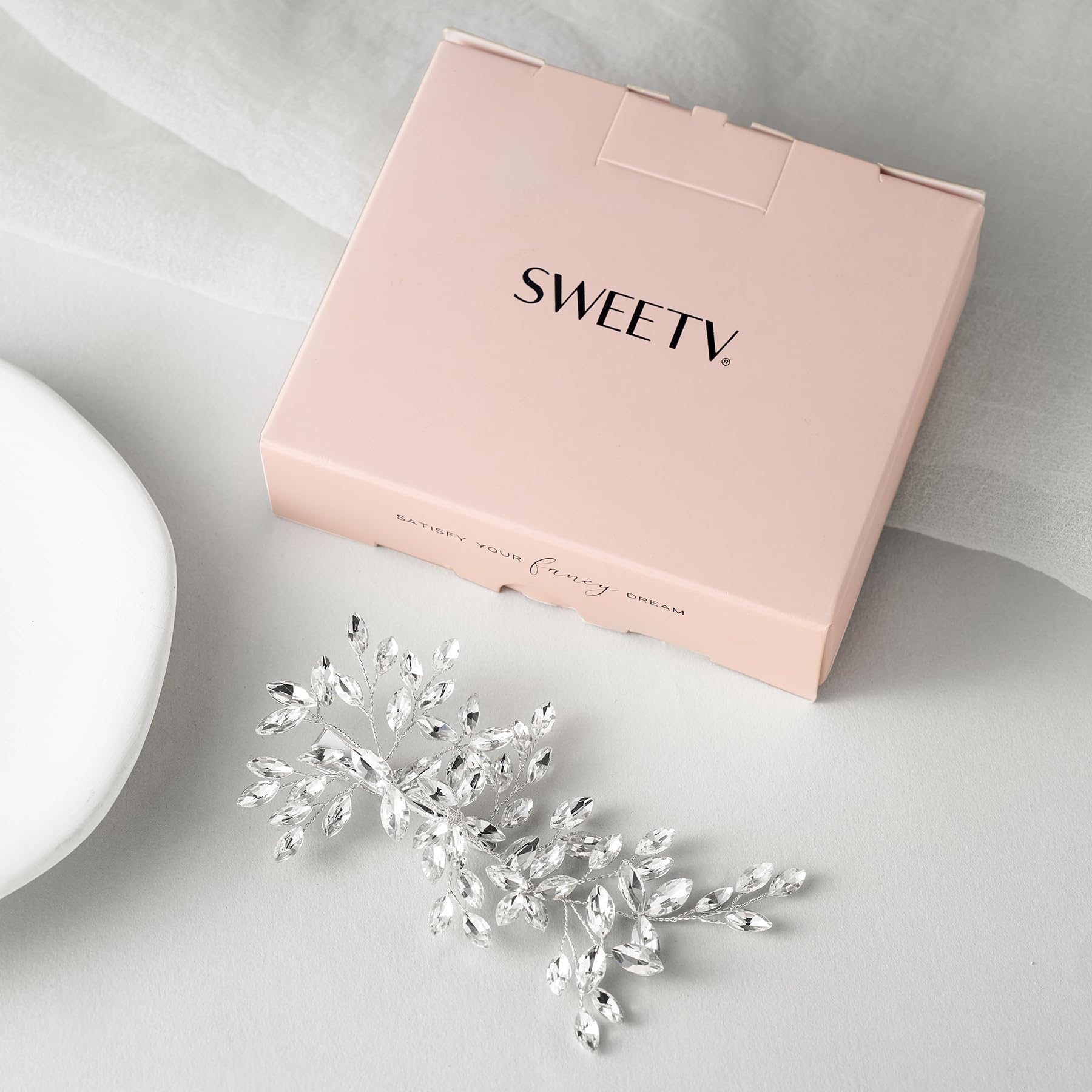 SWEETV crystal bride headpiece laid flat demonstrating dimensions and metal teeth comb
