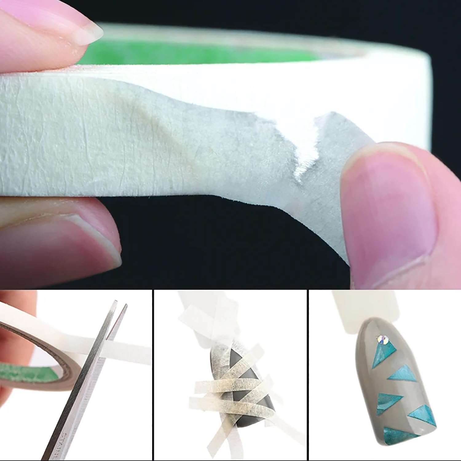White stencil striping line tapes being applied to fingertips for geometric line art