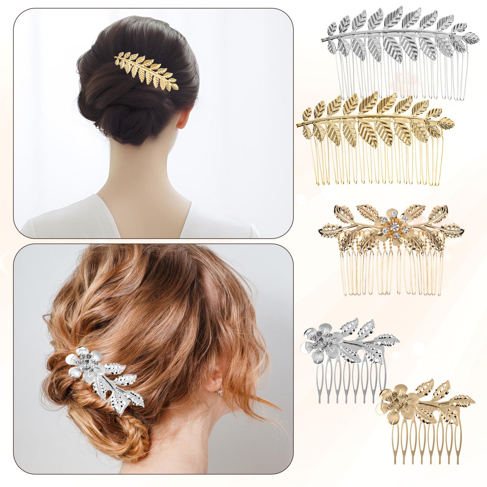 Five piece set of gold and silver leaf design hair clips laid out flat.