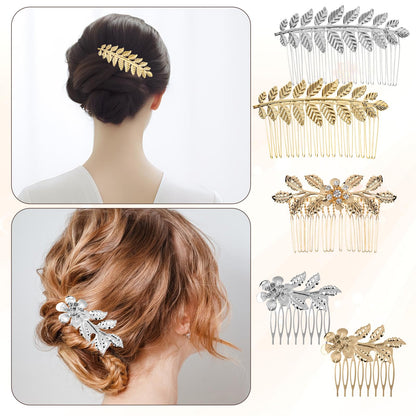 Five piece set of gold and silver leaf design hair clips laid out flat.