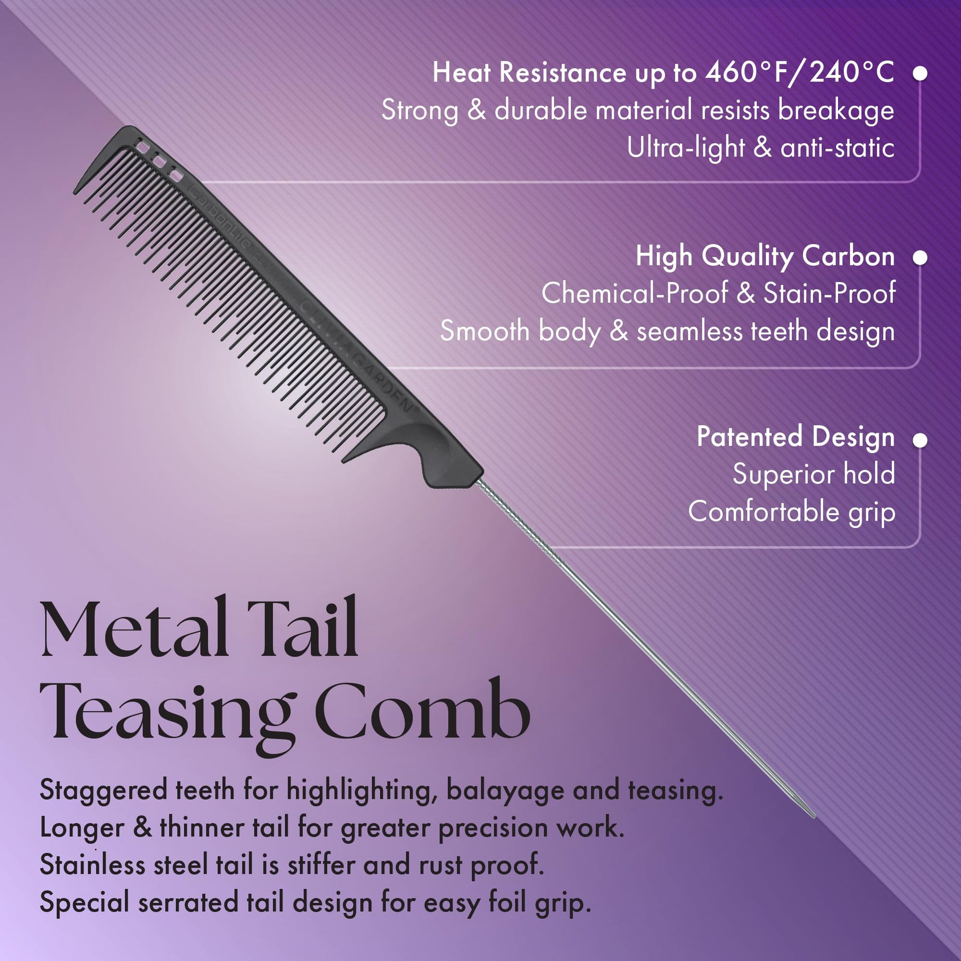Olivia Garden carbon fiber professional hair comb with stainless steel pintail for sectioning