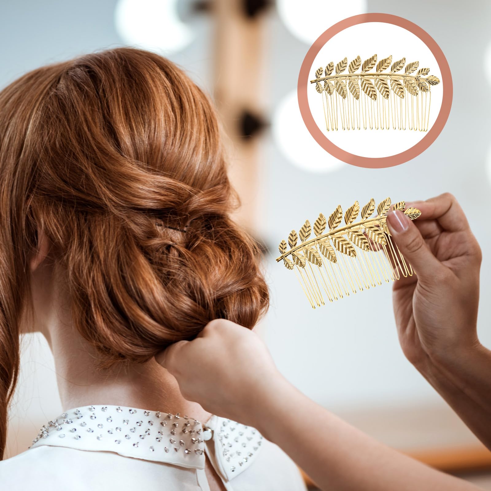 Detailed view of the shimmering rhinestone accents on the silver metal leaf comb clip.