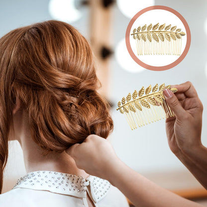 Detailed view of the shimmering rhinestone accents on the silver metal leaf comb clip.