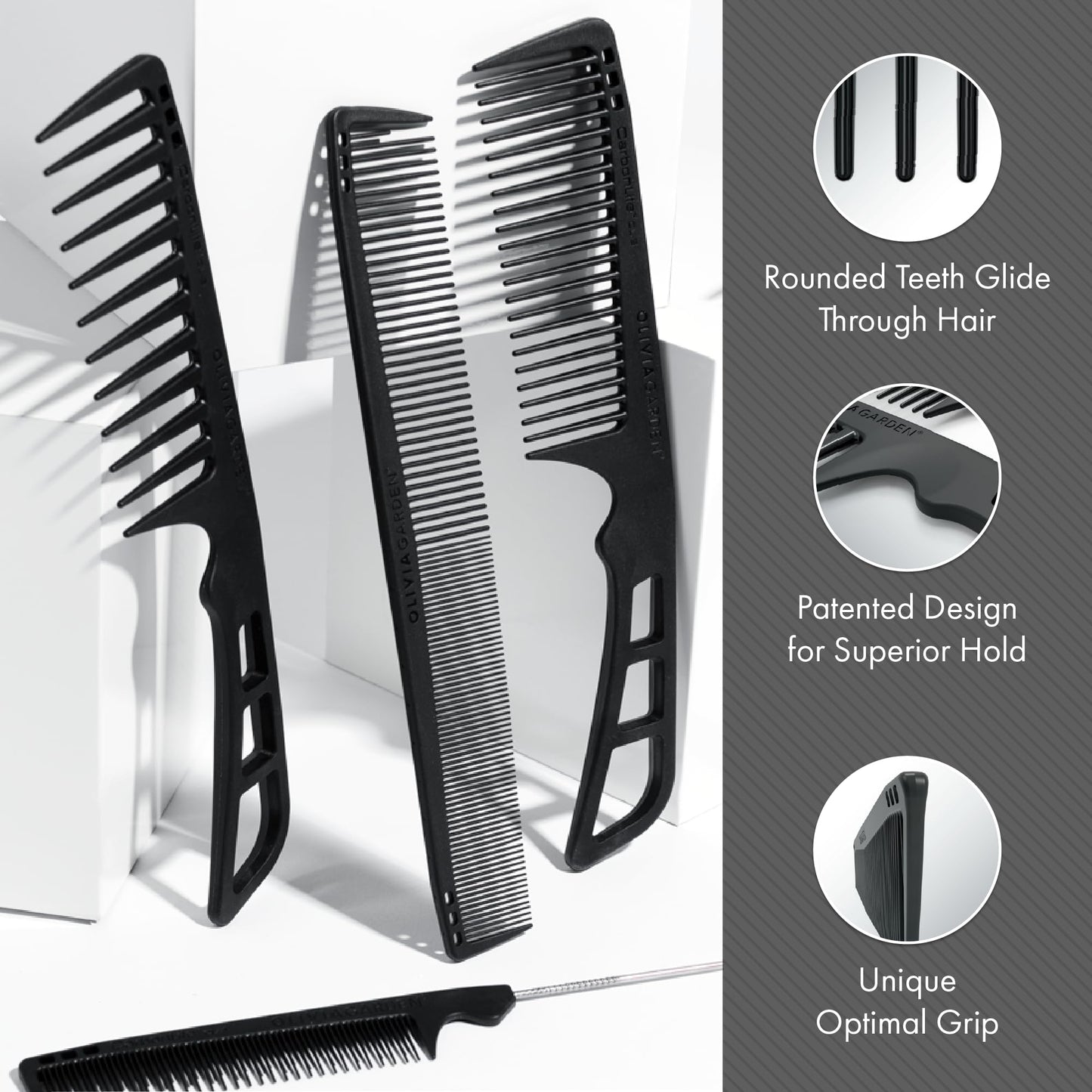 Close-up of the rounded snag-free teeth on the Olivia Garden CarbonLite hair comb