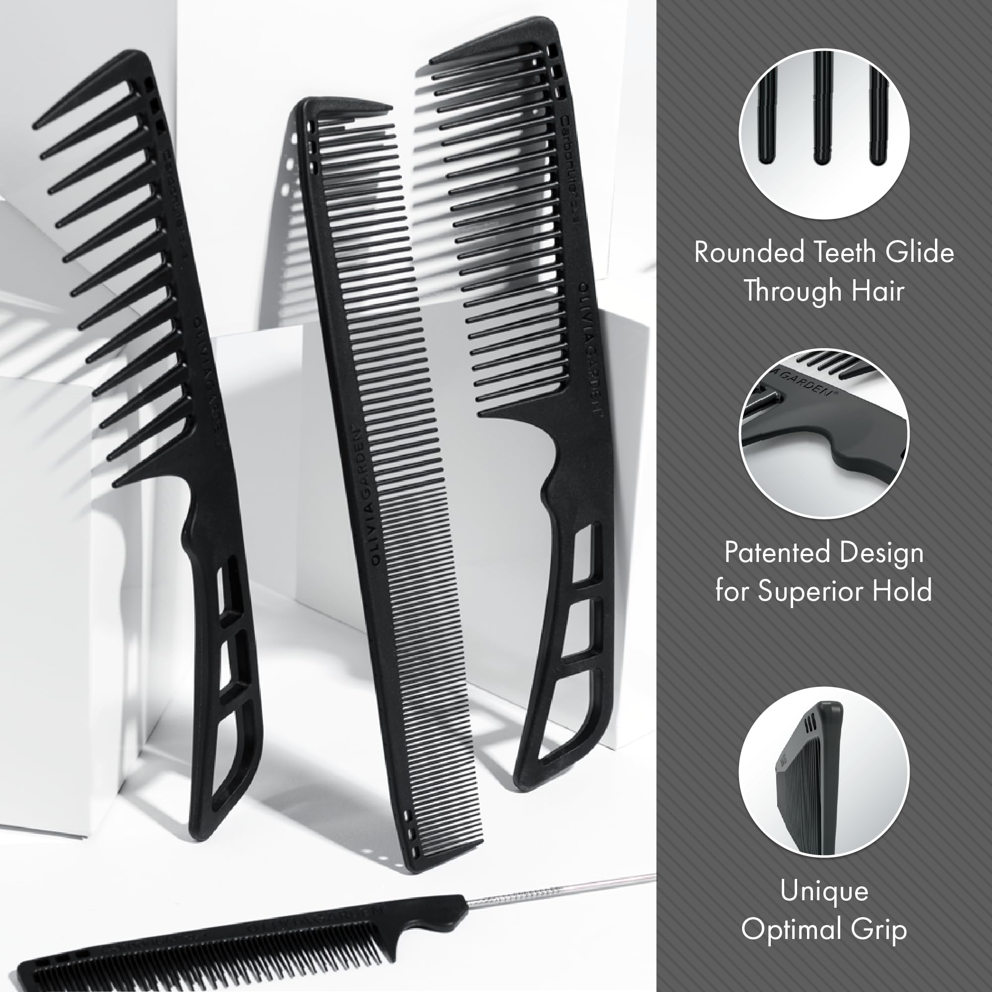 Close-up of the rounded snag-free teeth on the Olivia Garden CarbonLite hair comb