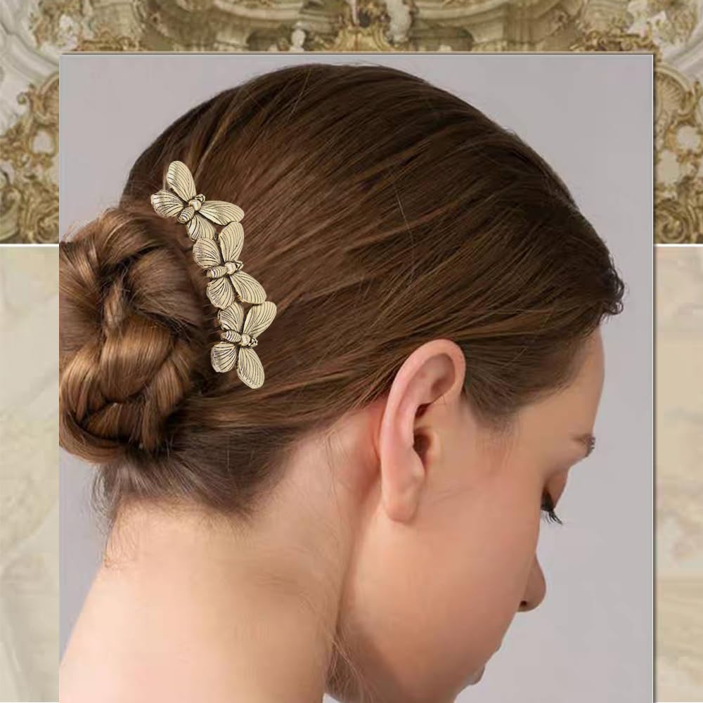 Model showcasing a French twist hairstyle secured with a gold rhinestone side comb clip