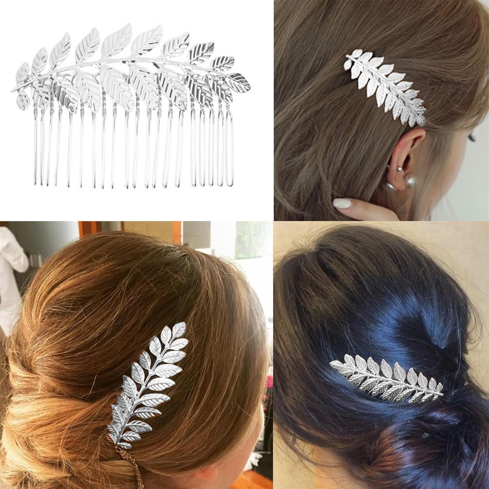 Close up of the intricate rhinestone and crystal detailing on the golden leaf decorative hair slides.
