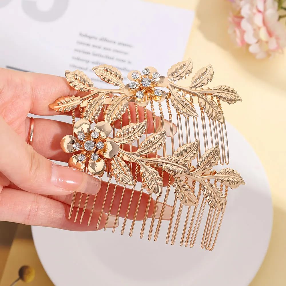 Premium PAGOW bridal headpiece set showing all eight pieces of gold and silver decorative combs.